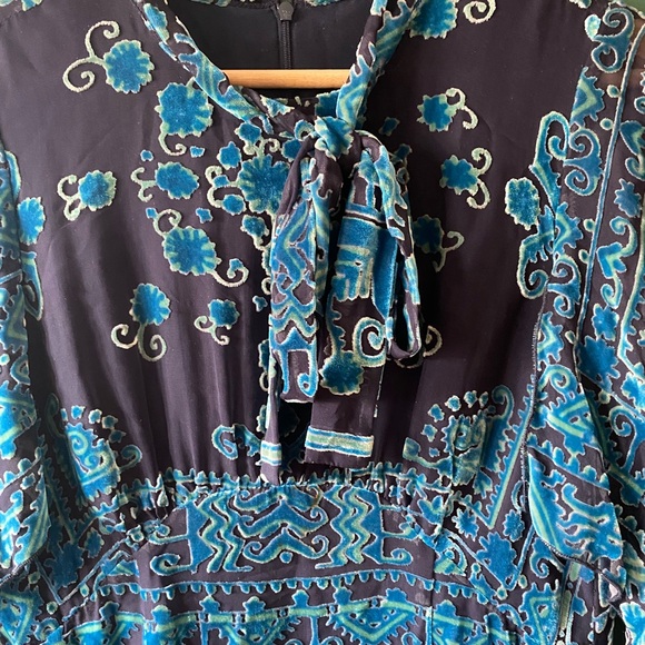 Anna Sui Dress Blue Velvet Burnout Silk Blend Flutter Sleeves Size 4 Small Boho - Picture 5 of 6